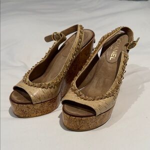 CHANEL Wedge Sandals with Gold Accents